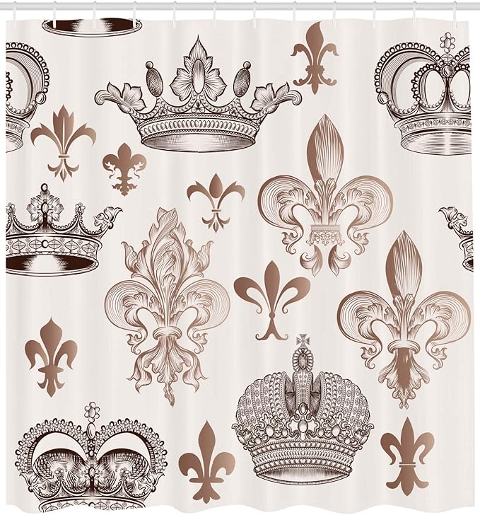 Ambesonne Fleur De Lis Shower Curtain, Crowns and Fleur-de-Lis Shapes in Engraved Style Fame Symbolic Artwork Print, Cloth Fabric Bathroom Decor Set with Hooks, 69" W x 70" L, Beige Tan
