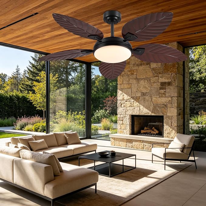 GJeg Tropical Ceiling Fans with Lights and Remote,52Inch Outdoor Palm Leaf Ceiling Fan for Patios Porch Bedroom, Dimmable LED Light, 6 Speeds, Reversible,Dark Brown