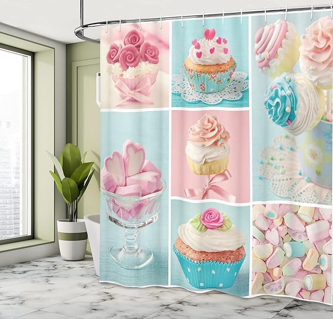 Ambesonne Coffee Shower Curtain, Collage of Cupcakes and Marshmallows in Pastel Colors Photos, Cloth Fabric Bathroom Decor Set with Hooks, 69" W x 70" L, Blue Pink
