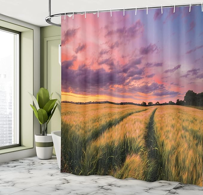 Ambesonne Rustic Shower Curtain, Flowing Crop at The Sunset Morning in Nature Countryside Colorful Romantic Cloudscape Scene, Cloth Fabric Bathroom Decor Set with Hooks, 69" W x 70" L, Yellow Green