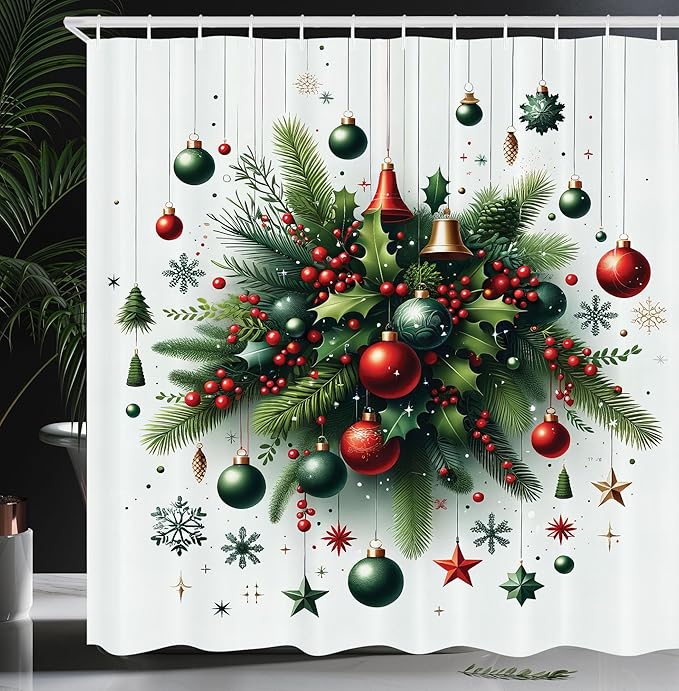 Ambesonne Christmas Shower Curtain, Holiday Season Botanical Themed Pine Branches Snowflakes Stars Balls, Cloth Fabric Bathroom Decor Set with Hooks, 69" W x 75" L, Hunter Green Vermilion
