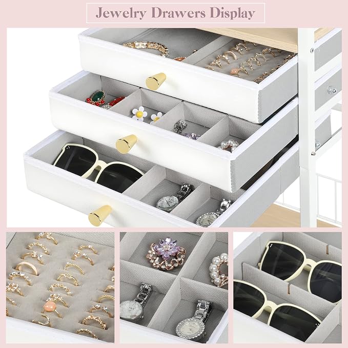 Keebofly Large Floor Jewelry Organizer Stand with 3 Drawers - White | Mobile Jewelry Tower Holder with Display, Large Capacity Rack for Necklaces & Rings, Perfect Storage Gift for Women