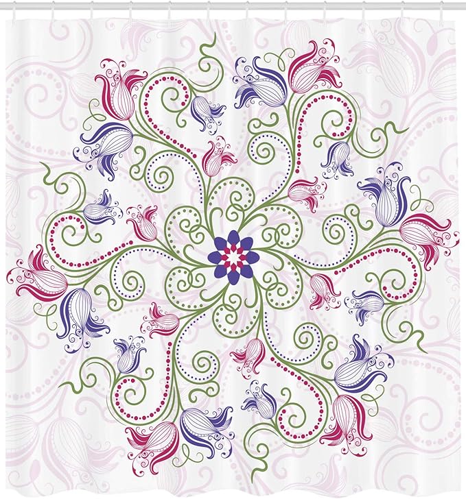 Ambesonne Mandala Shower Curtain, Round Flower Frame Design Classical Vintage Floral Art with Ottoman Tulips, Cloth Fabric Bathroom Decor Set with Hooks, 69" W x 70" L, Purple Green