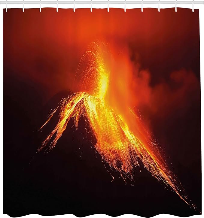 Ambesonne Volcano Shower Curtain, Tungurahua Volcano in Ecuador Exploding at Night Nature and Geology, Cloth Fabric Bathroom Decor Set with Hooks, 69" W x 75" L, Orange Yellow