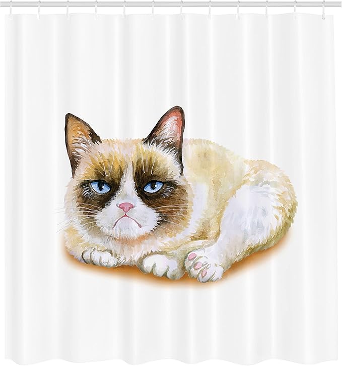 Ambesonne Animal Shower Curtain, Grumpy Siamese Cat Angry Paws Kitten Moody Love Art Print Watercolor Look Print, Cloth Fabric Bathroom Decor Set with Hooks, 69" W x 84" L, Beige and Brown