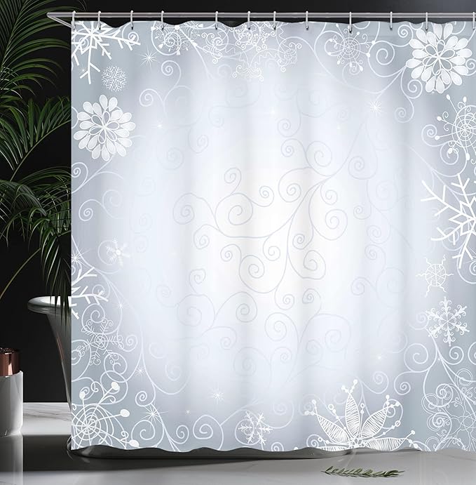 Ambesonne Ombre Shower Curtain, Christmas Theme Gentle Frame with Curls Swirls Snowflakes Lace Inspired Motif, Cloth Fabric Bathroom Decor Set with Hooks, 69" W x 75" L, Pale Blue Coconut