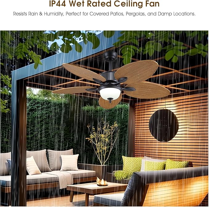 Wiviniya 50 Inch Tropical Ceiling Fans with Lights, Palm Leaf Waterproof Outdoor Ceiling Fan for Patios Porch, Remote/APP Control, Wet Rated, Glass Lampshade, Quiet DC Motor, Dimmable LED, Wood Grain