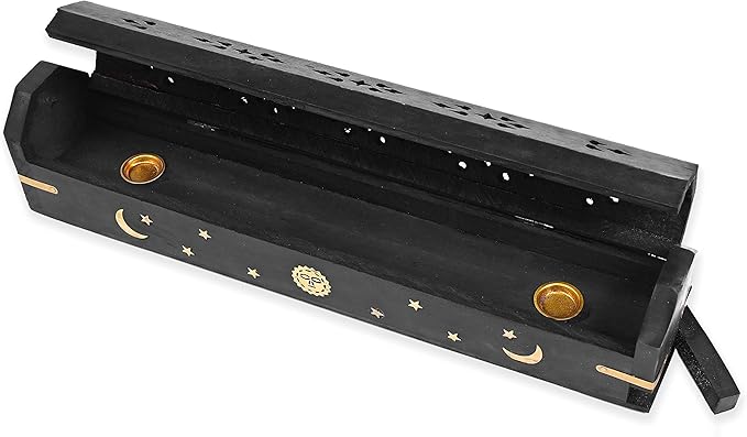 Incense Garden Pack of 2 Incense Stick Holder - Coffin Style - Wood Incense Stick Burner with Sun Moon Star Inlays Handmade with Brass Inlays (Black)