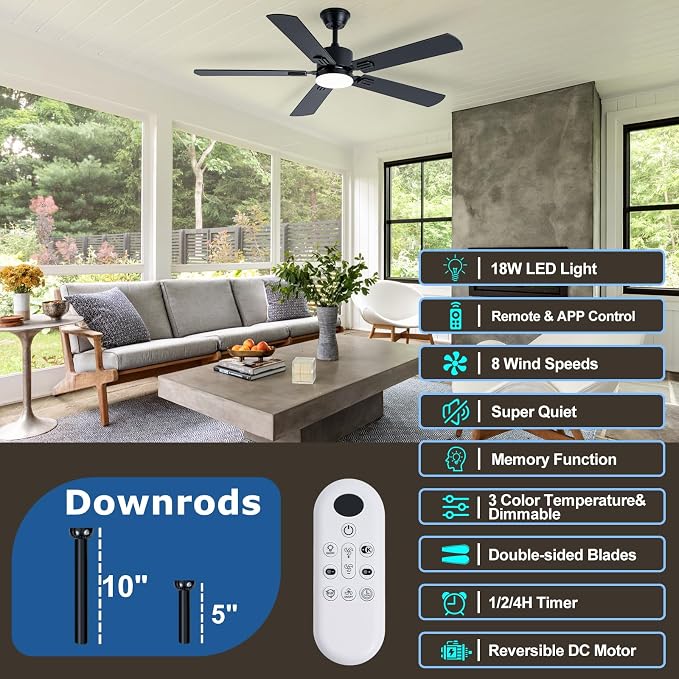 Coolwind Black Ceiling Fan with Display Remote/APP Control, 52 Inch Noiseless Modern 5 Blade Ceiling Fan with 8 Speeds & 3CCT, Dimmable, Timer, DC Reversible Motor for Bedroom, Living Room