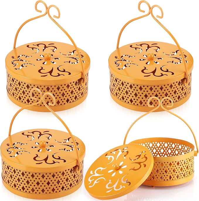 Lallisa Incense Coil Holder Sets, Round Metal Hanging Incense Burner with Handle and Lid, Portable Coil Burner Stand Container for Patio Camping Garden Home Indoor Outdoor Decor(Yellow,4 Pcs)