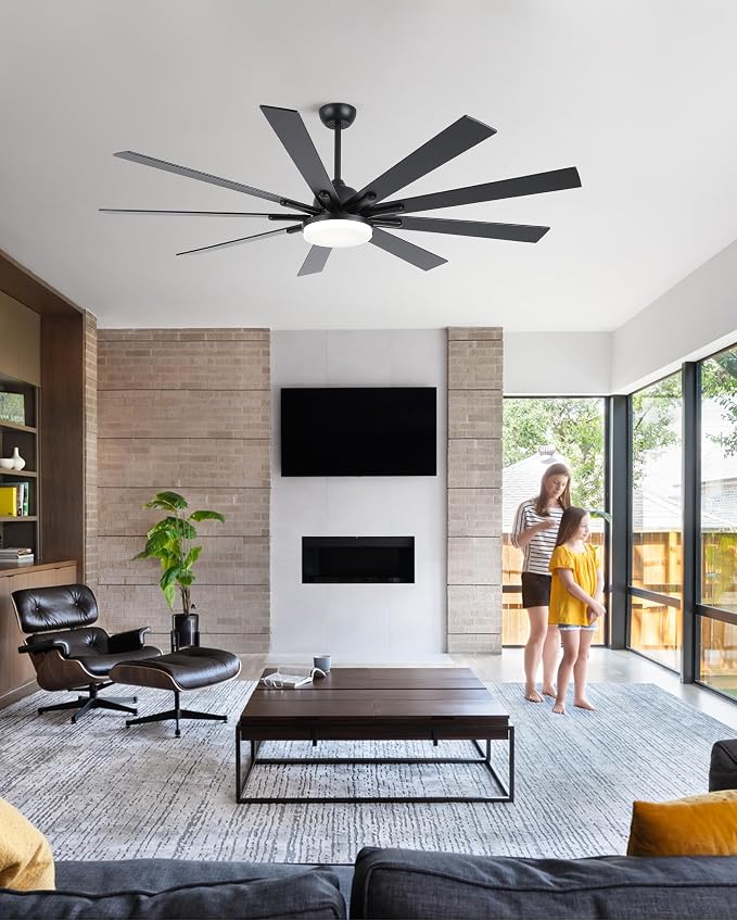 POCHFAN 72 Inch Ceiling Fans with Lights,Large Modern Ceiling fan with Remote and 9 Wooden Blades,Dimmable,6 Speeds,Noiseless Reversible Indoor&Outdoor Fan for Bedroom,Patio,Living Room
