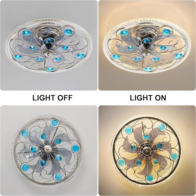 Low Profile Ceiling Fan with Lights 20" Remote Bladeless Ceiling Fan Boho Vintage Flush Mount Ceiling Fans with Light 3 Color Smart LED Dimmable,Handmade Antique Vintage Blue Crystal