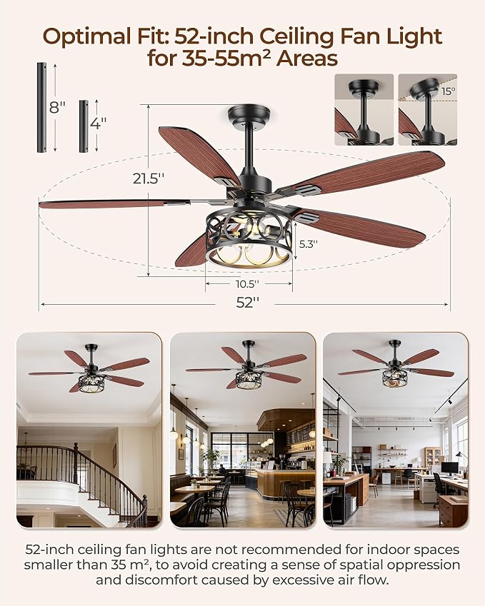 Ceiling Fans with Lights and Remote, 52'' Vintage Caged Ceiling Fan with Light, 5 Blades, 6+1 Speed, Flush Mount Ceiling Fan Whisper-quiet for Farmhouse, Living Room, Kitchen and Porch (52 Inch)