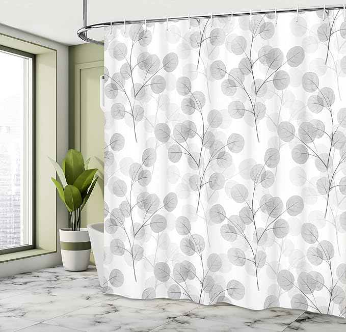Ambesonne Nature Shower Curtain, Soft Colored Bay Leaf Watercolor Branches Growth Essence Image Print, Cloth Fabric Bathroom Decor Set with Hooks, 69" W x 84" L, Grey White