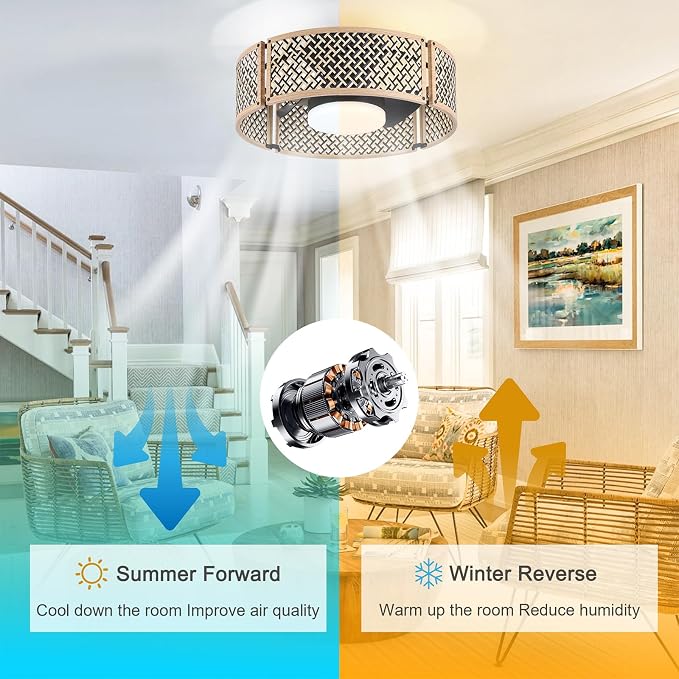 Ganeed 20" Boho Caged Fandelier with Lights, 18W Dimmable LED Rattan Ceiling Fan with Lights and Remote Control, Enclosed 6 Speeds RGB Low Profile Bamboo Fan Light for Bedroom, Living Room, Kitchen