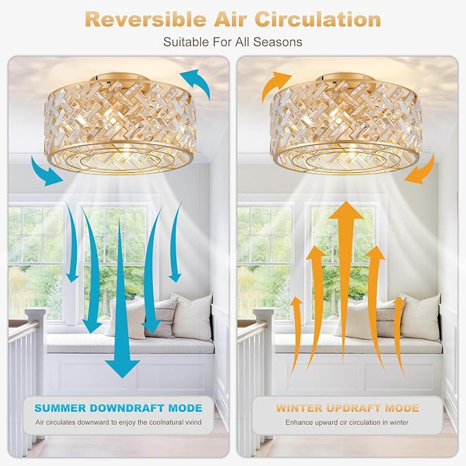 18 Inch Caged Ceiling Fans with Lights, Low Profile Crystal Fandelier Ceiling Fan with Lights and Remote & App Control for Low Ceilings Flush Mount Installation Indoor, Bulb Included Gold