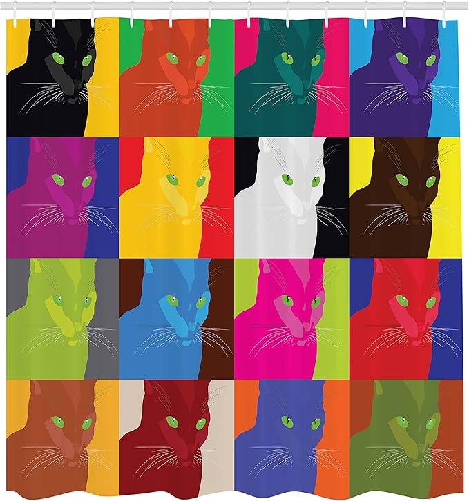 Ambesonne Cat Shower Curtain, Pop Art Style Featured Fractal Kitty Portraits Frame Color Effects Print, Cloth Fabric Bathroom Decor Set with Hooks, 69" W x 75" L, Magenta Red