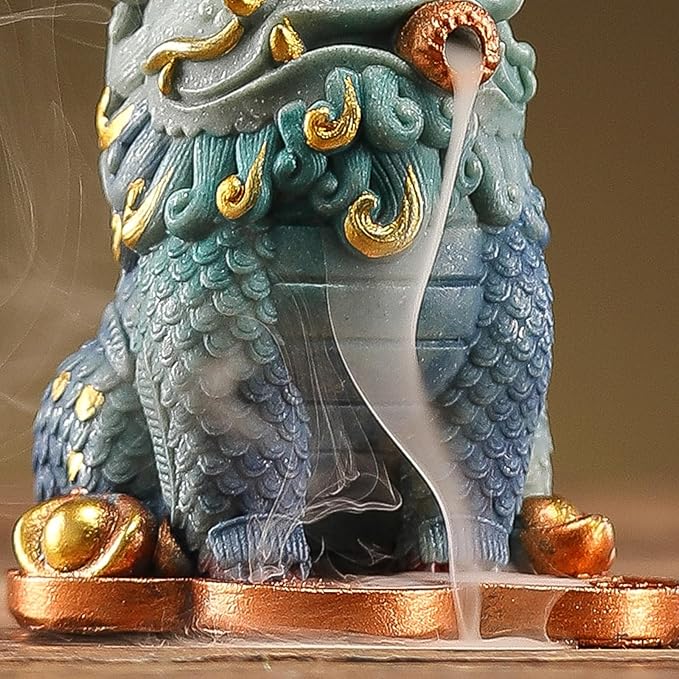 Backflow Incense Burner - Resin Tabletop Incense Holder for Cones, Fortune Dragon Statue Home Decor, Desktop Aromatherapy Ornament with Smoke Waterfall Effect for Living Room