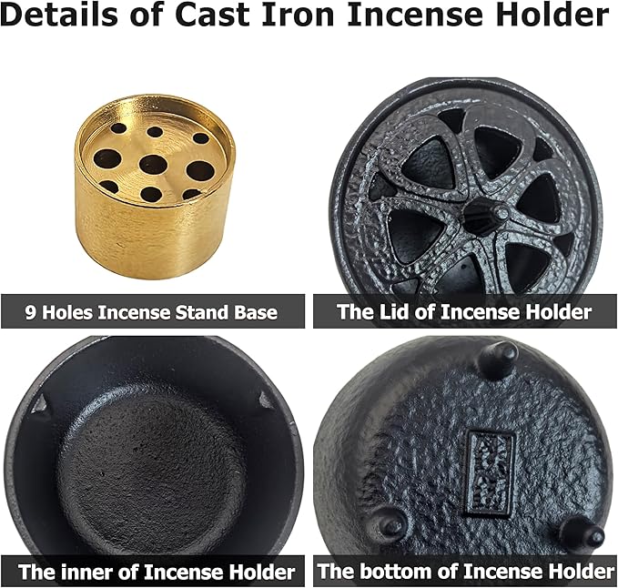 Small Cast Iron Incense Burner Holder, Home Decor, Bowl Design with Decorative Lid, Black Incense for Sticks, Resin, Cone Incense or Wax Melts
