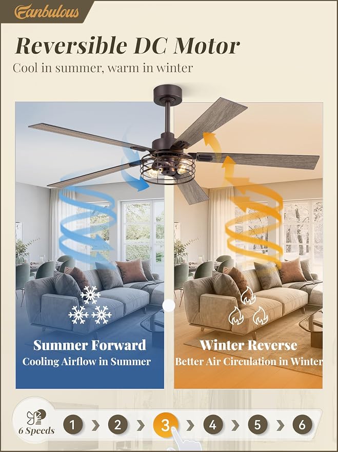 Fanbulous 1 Pack Farmhouse 60 Inch Ceiling Fans with Lights, Industrial Caged Ceiling Fans for Bedroom Living Room, Double-Sided 5 Blades Rustic Ceiling Fan-Oil Bronze