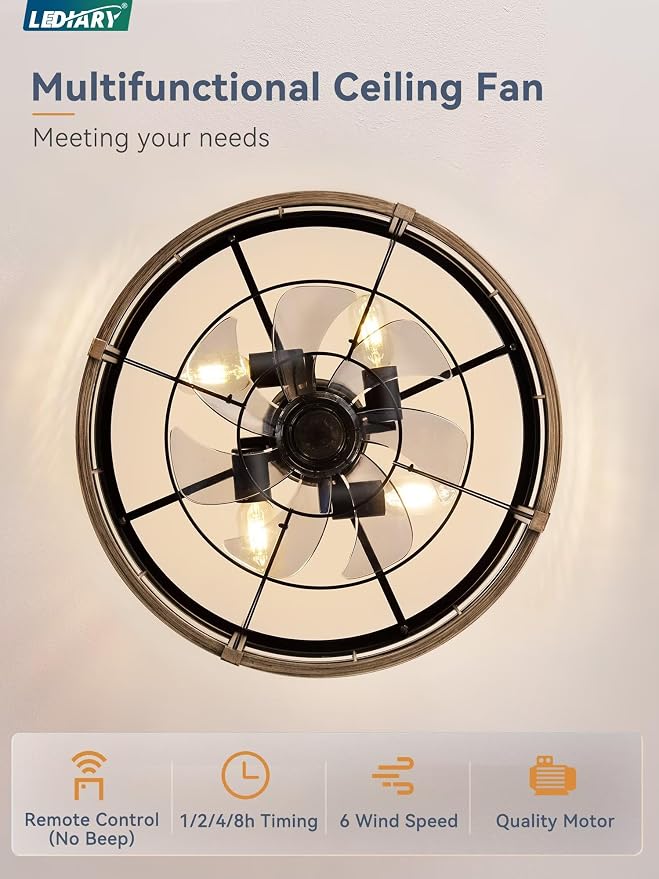 LEDIARY 20 Inch Fandelier Caged Ceiling Fan with Light, Bladeless Ceiling Fan with Remote, Small Farmhouse Fan Lights Ceiling Fixtures for Kitchen, Bedroom-Brown