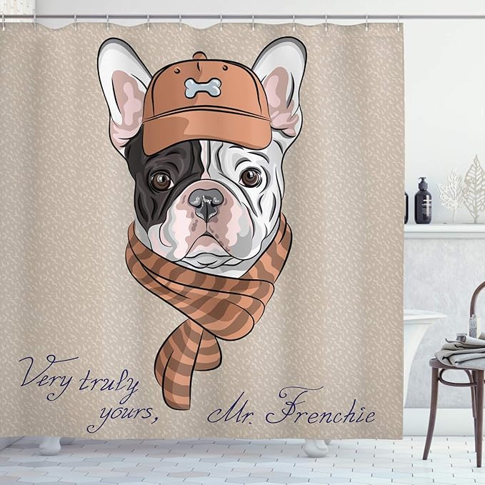 Ambesonne Vintage Shower Curtain, Funny Hipster French Bulldog with Cap and Lines Scarf Punk Animal Humor Art, Cloth Fabric Bathroom Decor Set with Hooks, 69" W x 84" L, Brown Ecru