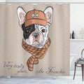Ambesonne Vintage Shower Curtain, Funny Hipster French Bulldog with Cap and Lines Scarf Punk Animal Humor Art, Cloth Fabric Bathroom Decor Set with Hooks, 69" W x 75" L, Brown Ecru