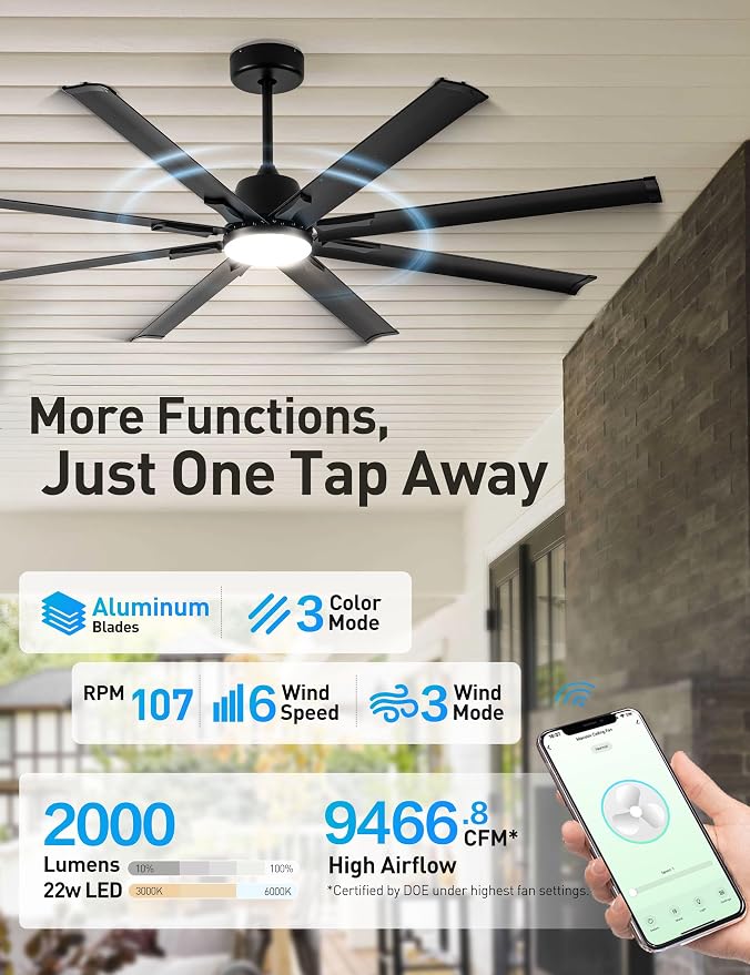Minislak 72 Inch Ceiling Fan with Light,Industrial Ceiling Fan with 8 Black Aluminium Blades,Smart Fan Compatible with Alexa,Garage Outdoor Indoor Fan for Patio and Living Room