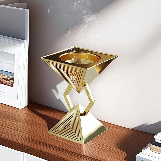 Geometric Charcoal Incense Burner Holder- Gold Electroplated Metal Burner with Anti-Oxidation Coating, Premium Bakhoor Burner for Home Decor and Meditation, Unique Triangle Design Spiritual Gift