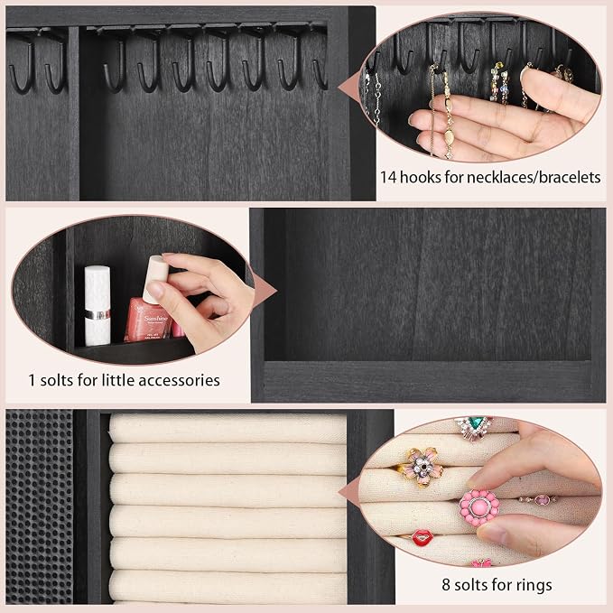 Keebofly Wall Mounted Jewelry Organizer With Rustic Wood Large Space Jewelry Cabinet, Holder, Storage Box for Necklaces, Earrings, Bracelets, Ring Holder, and Accessories Black