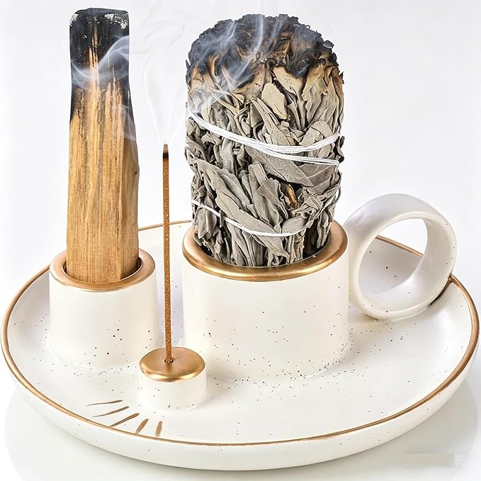 Multifunction Incense and Candle Holder for Burning Sage, Palo Santo, Incense Sticks - 5.9" Ceramic Ash Catcher Tray for Meditation Room Home Decor (A)