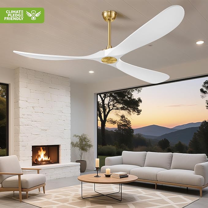 Haipeel 72 Inch Ceiling Fans without Lights, Wood Large Ceiling Fan no Light and Remote Control, Modern Indoor Outdoor Ceiling Fan no Light 3 Blade Propeller for Patios Garage High cfm, White Gold