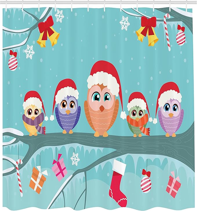 Ambesonne Christmas Shower Curtain, Owl Family Sitting on Tree Branch Like Little Elves of Noel Animal Design, Cloth Fabric Bathroom Decor Set with Hooks, 69" W x 84" L, Multicolor