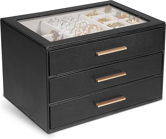 GUOER Jewelry Box for Women, Glass Lid Jewelry Organizer with 3 Drawers PU Jewelry Storage Case for Necklaces Rings Earrings Bracelets, Black