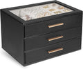 GUOER Jewelry Box for Women, Glass Lid Jewelry Organizer with 3 Drawers PU Jewelry Storage Case for Necklaces Rings Earrings Bracelets, Black