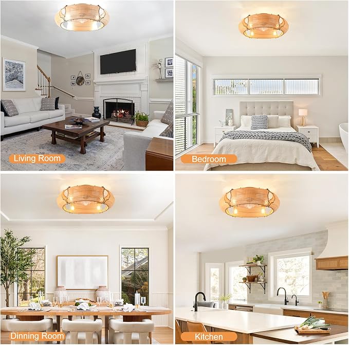 Ganeed 20.86" Boho Caged Ceiling Fan with Lights and Remote, Flush Mount Low Profile Rattan Ceiling Fans with Lights, Enclosed 6 Speeds Farmhouse Woven Ceiling Fan for Bedroom, Living Room, Kitchen