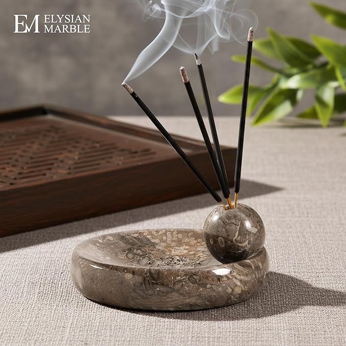Incense Holder for Sticks, Natural Marble Incense Burner Ash Catcher Plate for Palo Santo, Sage, Meditation, Yoga and Home Decor - Oceanic Grey