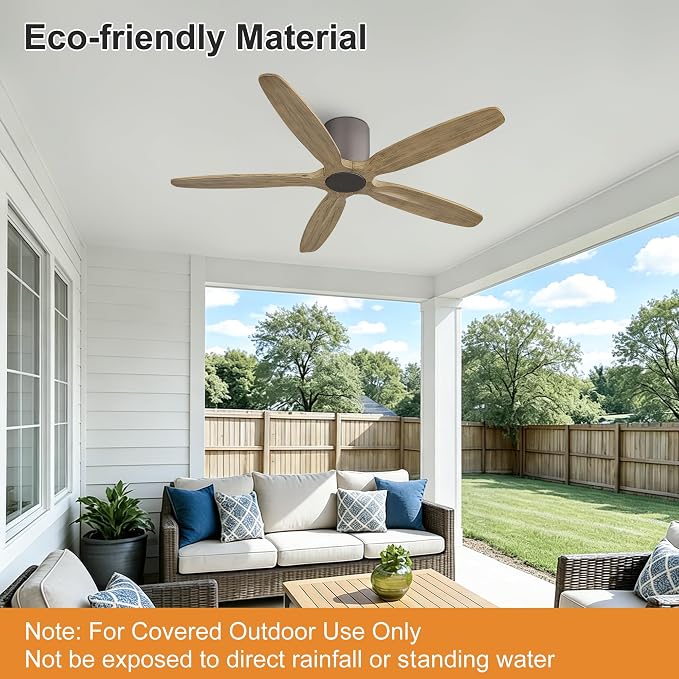 WINGBO 54" Flush Mount Ceiling Fan No Light - 5 Carved Solid Wood Blades, 6-Speed Reversible DC Motor, Dimmable, 3CCT, Low Profile Ceiling Fans without Lights for Bedroom Living Room, Charcoal Gray