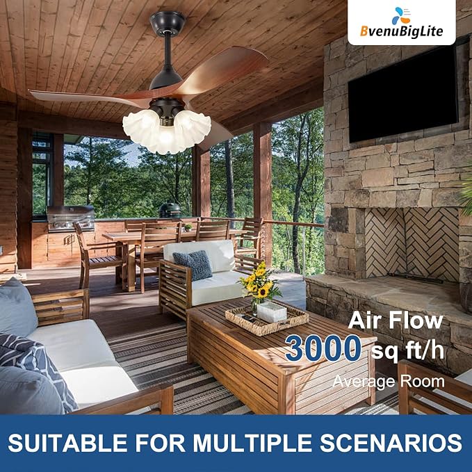 Ceiling Fans with Lights and Remote: 42-Inch Ceiling Fan 3 Blades Flower Low Profile Outdoor - Walnut Ceiling Fans with Remote Control Quiet Reversible DC Motor for Living Room