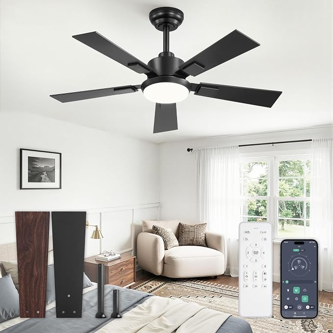 42 Inch Ceiling Fans with Lights and Remote&APP Control, Black Smart Ceiling Fan with 3000-6000K Dimmable, 6 Speeds Quiet Reversible Motor, Indoor/Outdoor Ceiling Fan for Bedroom Living Room