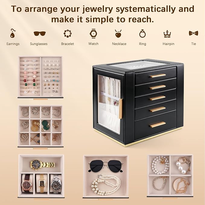 Homeanda Jewelry Box for Women with Glass Lid, 5 Drawers Jewelry Organizer and Storage for Necklaces, Rings, Earrings, Bracelets, Gift for Girls and Teens,PU Leather (Black)