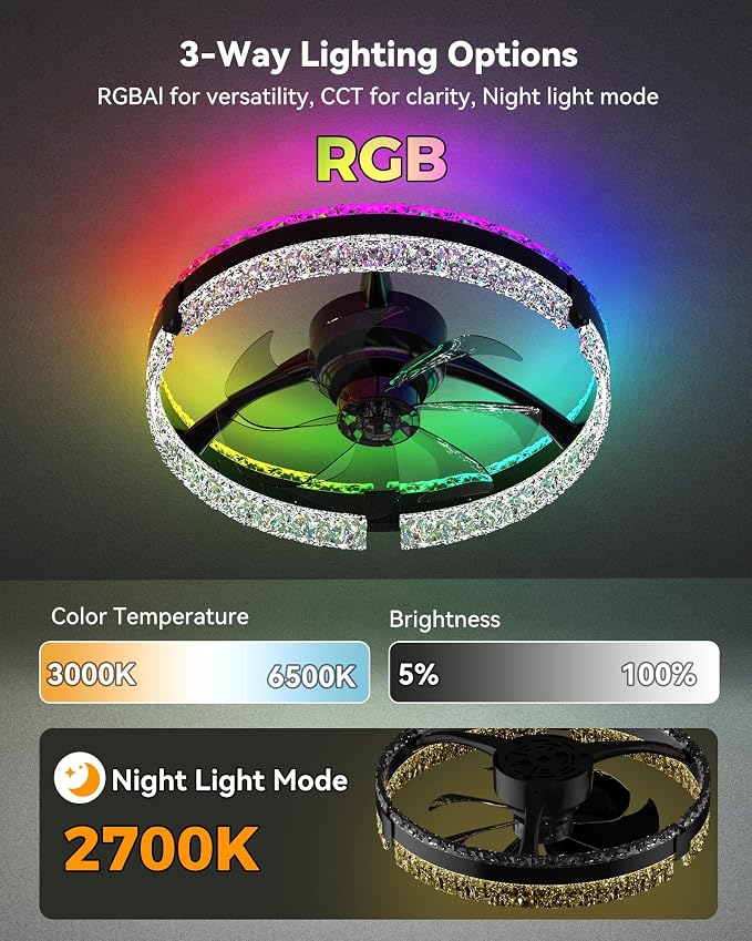 RGB Low Profile Ceiling Fan with Lights, Ceiling Fans with Lights and Remote, 3000-6500K Dimmable Modern Flush Mount LED Fan Lights, 6 Wind Speeds Ceiling Fans for Bedroom(Black-Cream)