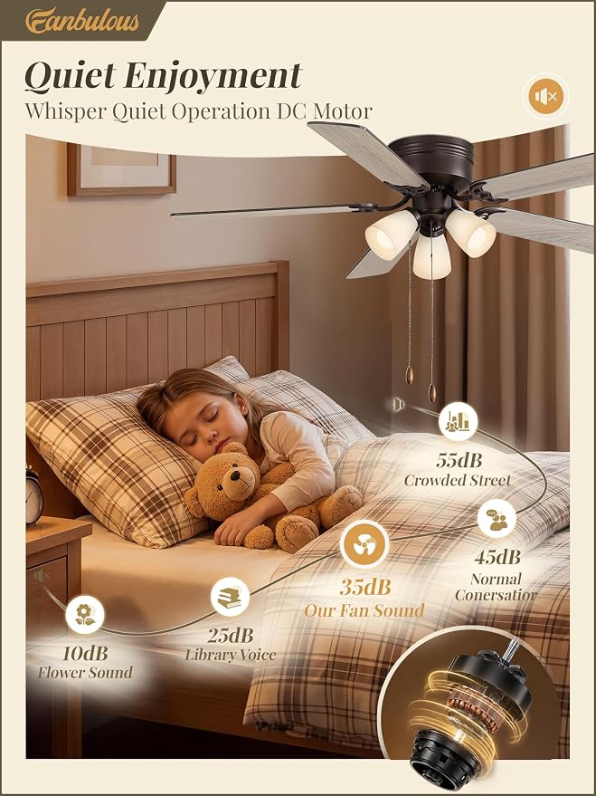 Fanbulous 52" Flush Mount Ceiling Fan with 3 Lights, DC Motor, Oil Bronze | 6-Speed Timer, Shatterproof PP Shades, Remote & Pull Chain Control, Vintage for Bedroom, Living Room, Dining Room