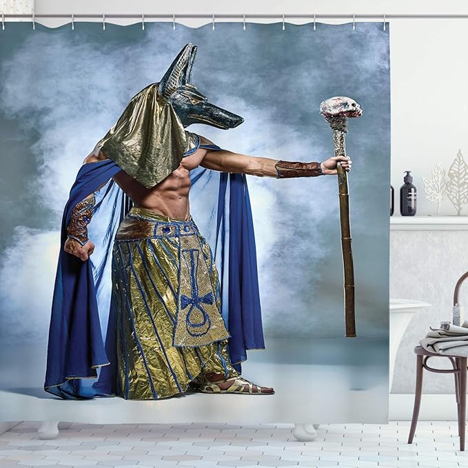 Ambesonne Egyptian Print Shower Curtain, Pharaoh with of Anubis Foggy Background, Cloth Fabric Bathroom Decor Set with Hooks, 69" W x 75" L, Mustard Dimgrey