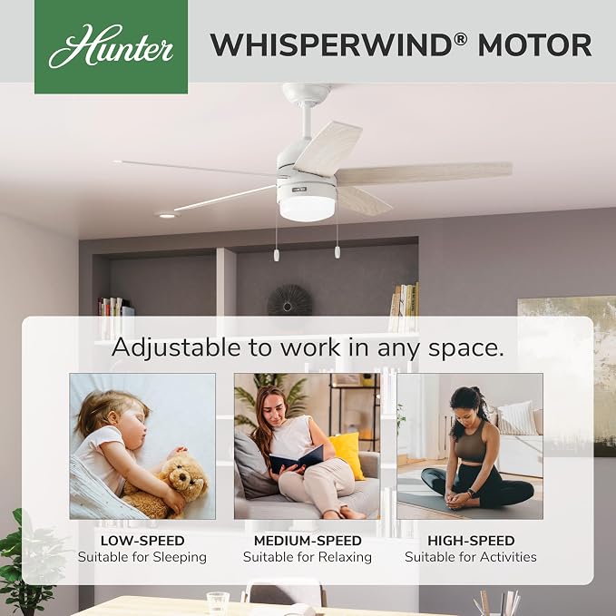 Hunter Bardot, Indoor, Ceiling Fan, Modern, 5 Blades, 52 inch, Fresh White | with LED Light and Pull Chain, Standard Mount, For Bedroom, Living Room, Kitchen, 52493