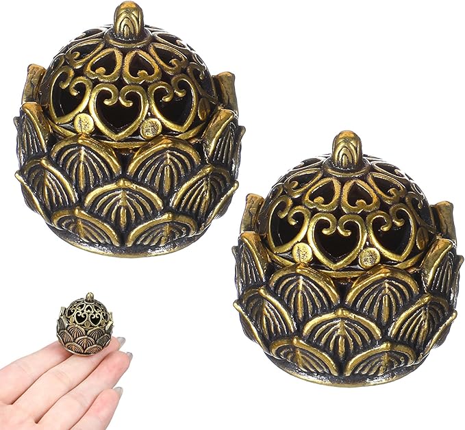 2Pcs Pure Copper Fortune Lotus Incense Holder, Black Brass Cone Incense Burner Holder, Home, Meditation Decor (1.18×1.1")