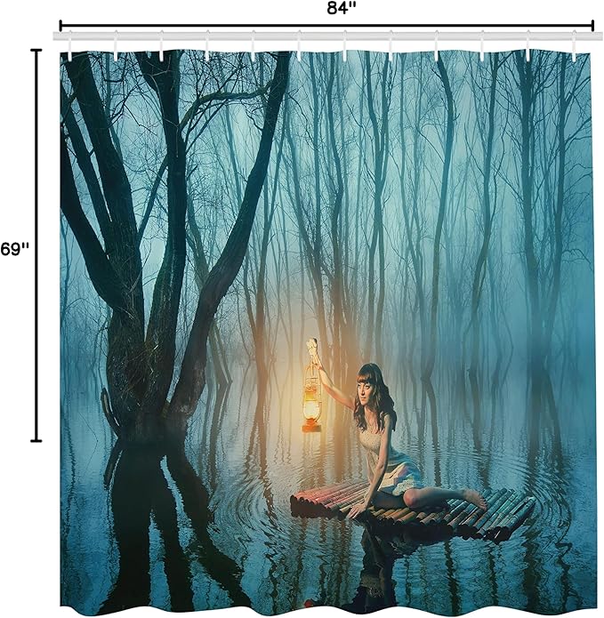 Ambesonne Gothic Shower Curtain, Woman Floating on The Lake with Tree Trunks Boat Rustic Dress in Misty Forest, Cloth Fabric Bathroom Decor Set with Hooks, 69" W x 84" L, Turquoise Peach