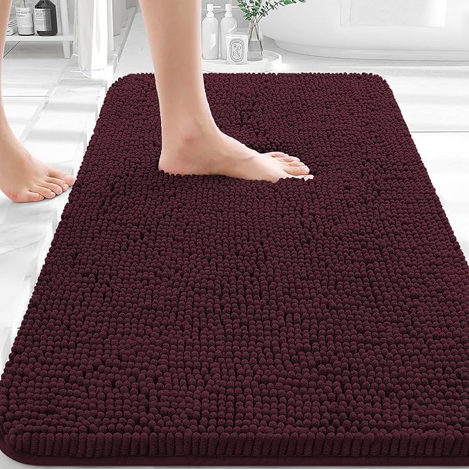 OLANLY Bathroom Rugs 32x20, Extra Soft Absorbent Chenille Bath Rugs, Rubber Backing Quick Dry, Machine Washable Bath Mats for Bathroom Floor, Tub and Shower, Home Decor Accessories, Black Cherry