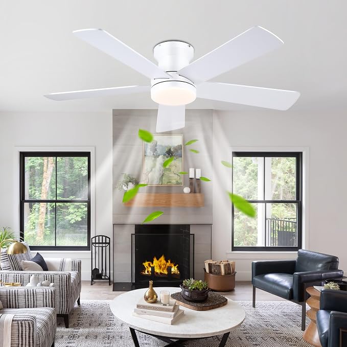 Ayaoty 48In Ceiling Fan with Light Flush Mount - White Low Profile Ceiling Fan Light with Remote/APP, 5 Reversible Dual-Sided Blades, Modern Fan Light for Indoor Bedroom, Covered Outdoor