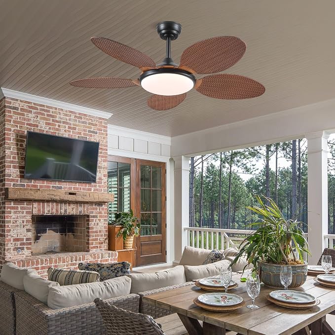 48"Tropical Style Palm Leaf Ceiling Fans with LED Lights and Remote & APP | Supports Remote and APP, 6 Wind Speeds, Reversible, Dimmable 3CCT LED, 35W Quiet DC Motor,Suits for Bedroom Kitchen